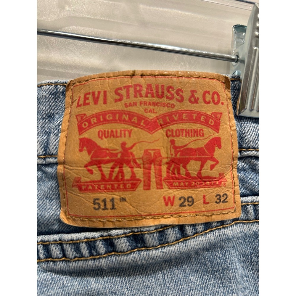 Levis 511 Slim Fit Jeans Mens 29x32 Light Blue Ripped Denim (fits 28x30) - Picture 5 of 11